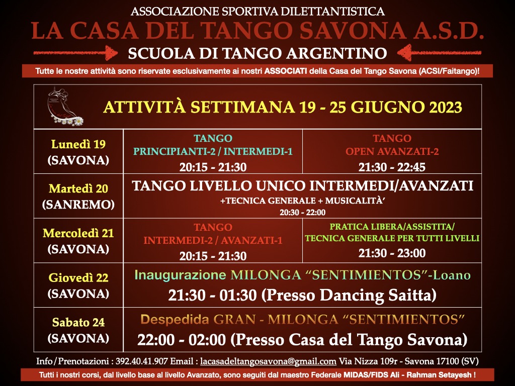 Attività settimana 19-25 Giugno 2023 alla CASA DEL TANGO SAVONA ASD!