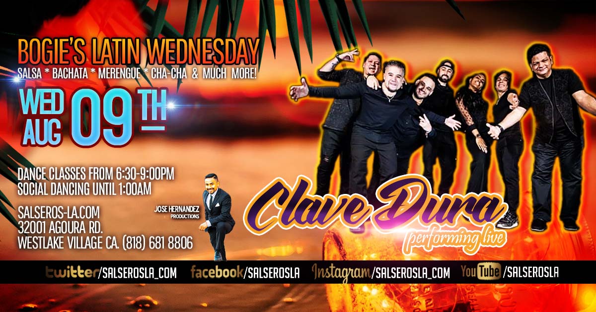 Live Salsa Music, dance classes and social dancing with Clave Dura at Bogies Latin Wednesdays!