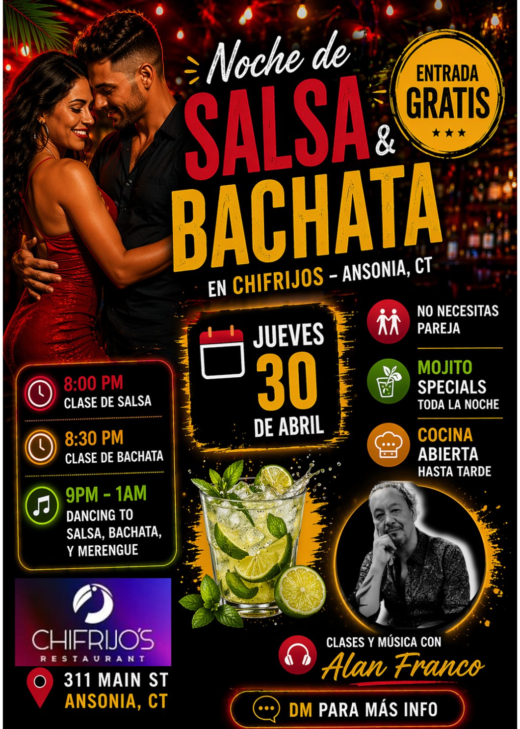 💃🔥 Noche de Salsa & Bachata en Chifrijos Ansonia, CT 🔥💃