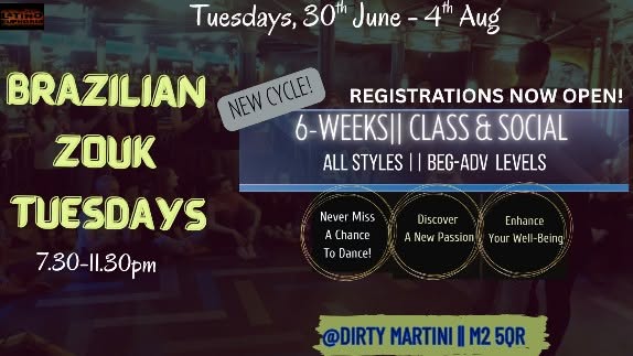New 6-Week Cycle: 'BRAZILIAN ZOUK TUESDAYS'(Tues 30th Jun-4th Aug) CLASS & SOCIALS ALL LEVELS