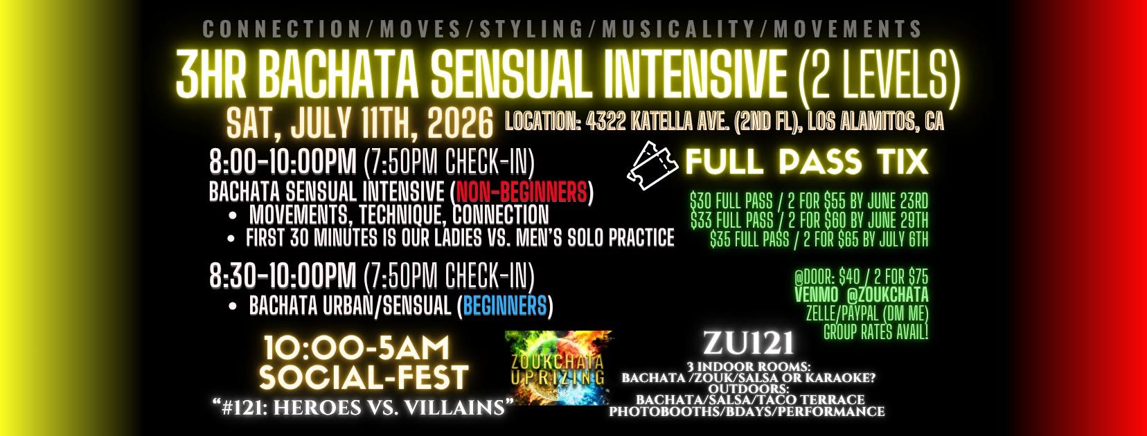 3HR SENSUAL BACHATA INTENSIVE! 2 Levels (Beginner & Int Adv!) Social Afterwards!!