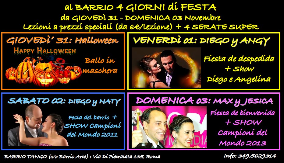 AL BARRIO 4 GIORNI di FESTA: da GIO31 a DOM03 con lezioni tematiche a 6€ e 4 serate super con SHOW