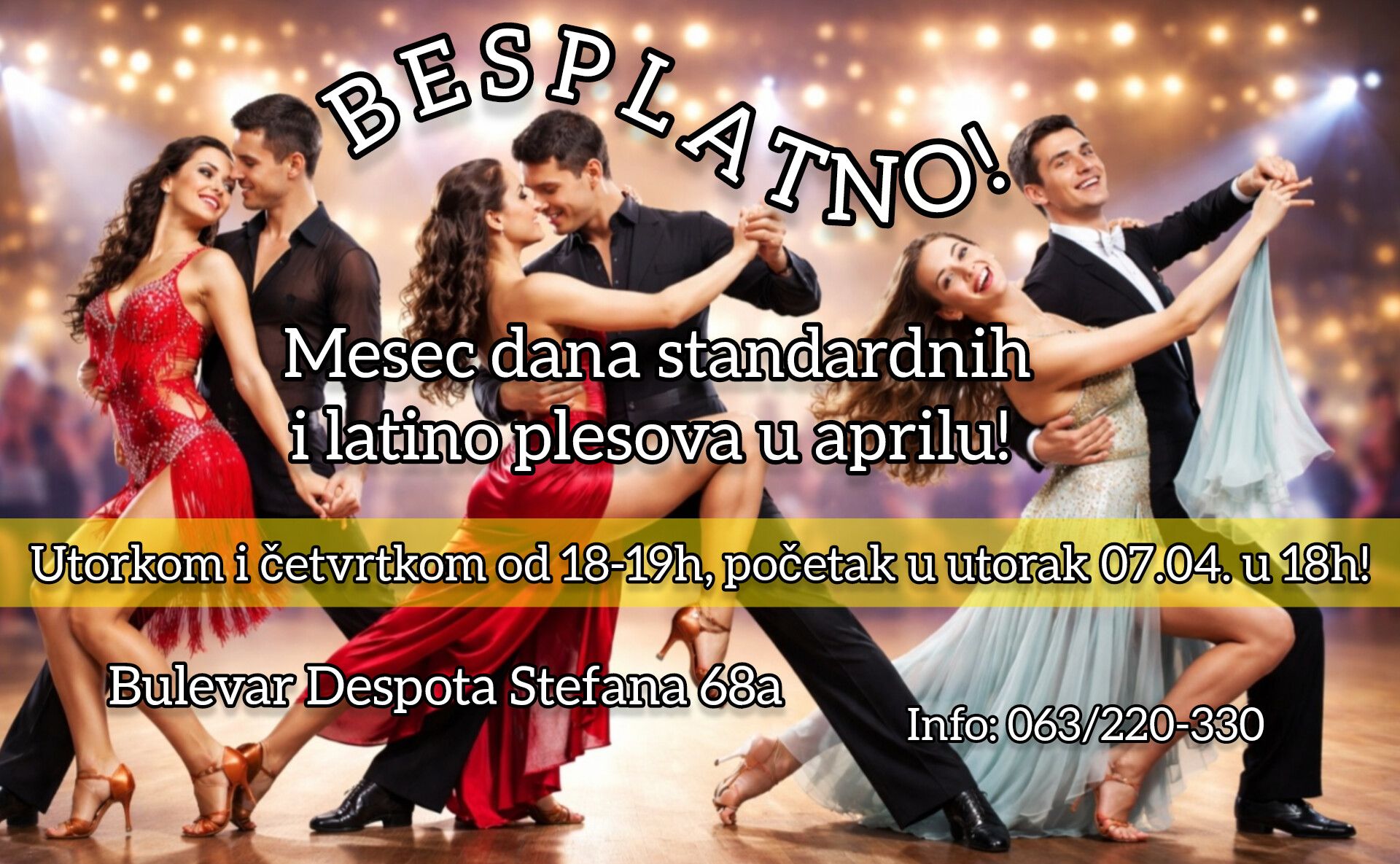 BESPLATNO mesec dana latino i standardnih plesova u aprilu! Utorkom i četvrtkom od 18-19h! 👏💃🕺🎶