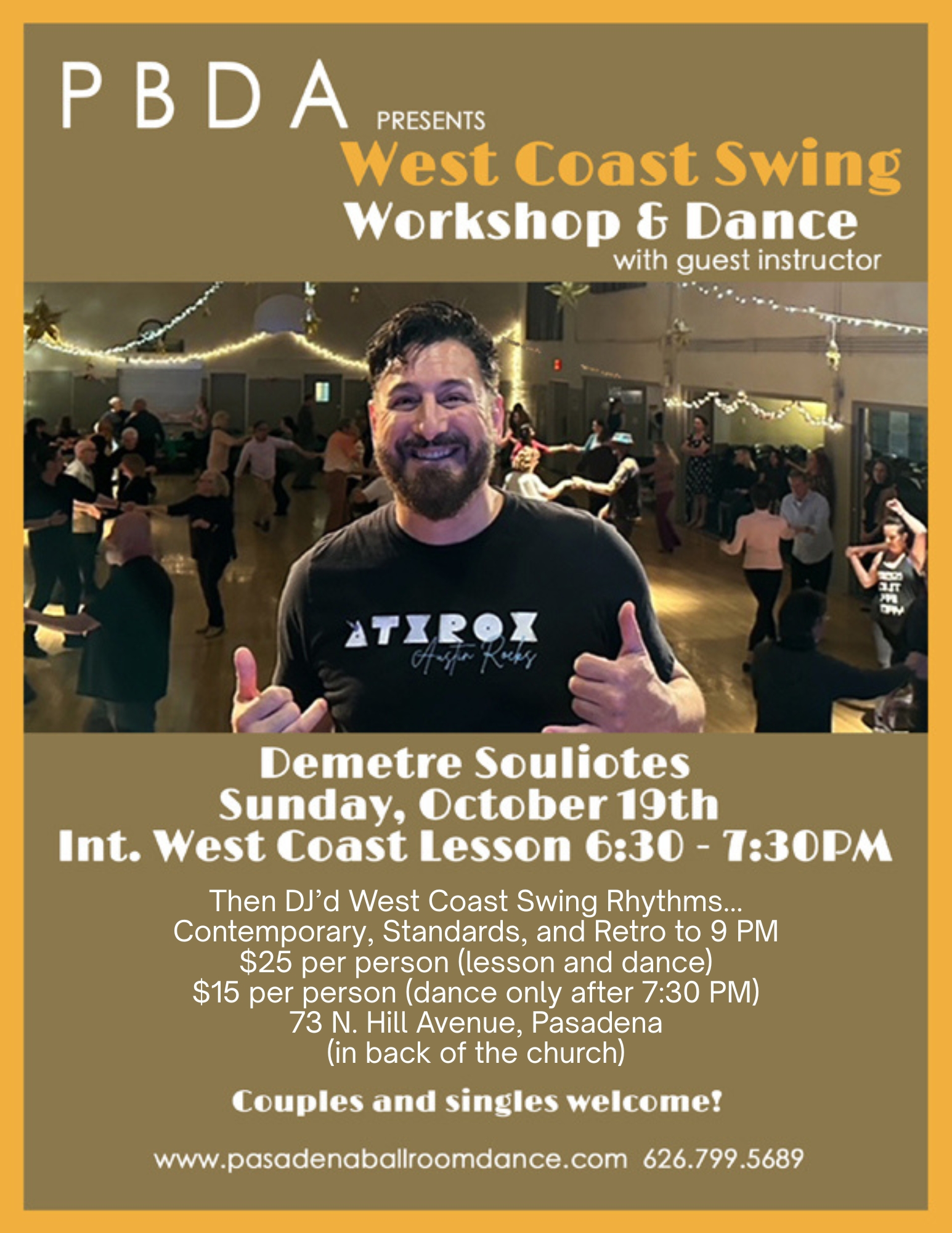 DEMETRE SOULIOTES- "WEST COAST SWING WORKSHOP & DANCE" THIS SUNDAY, OCT. 19th at PBDA!