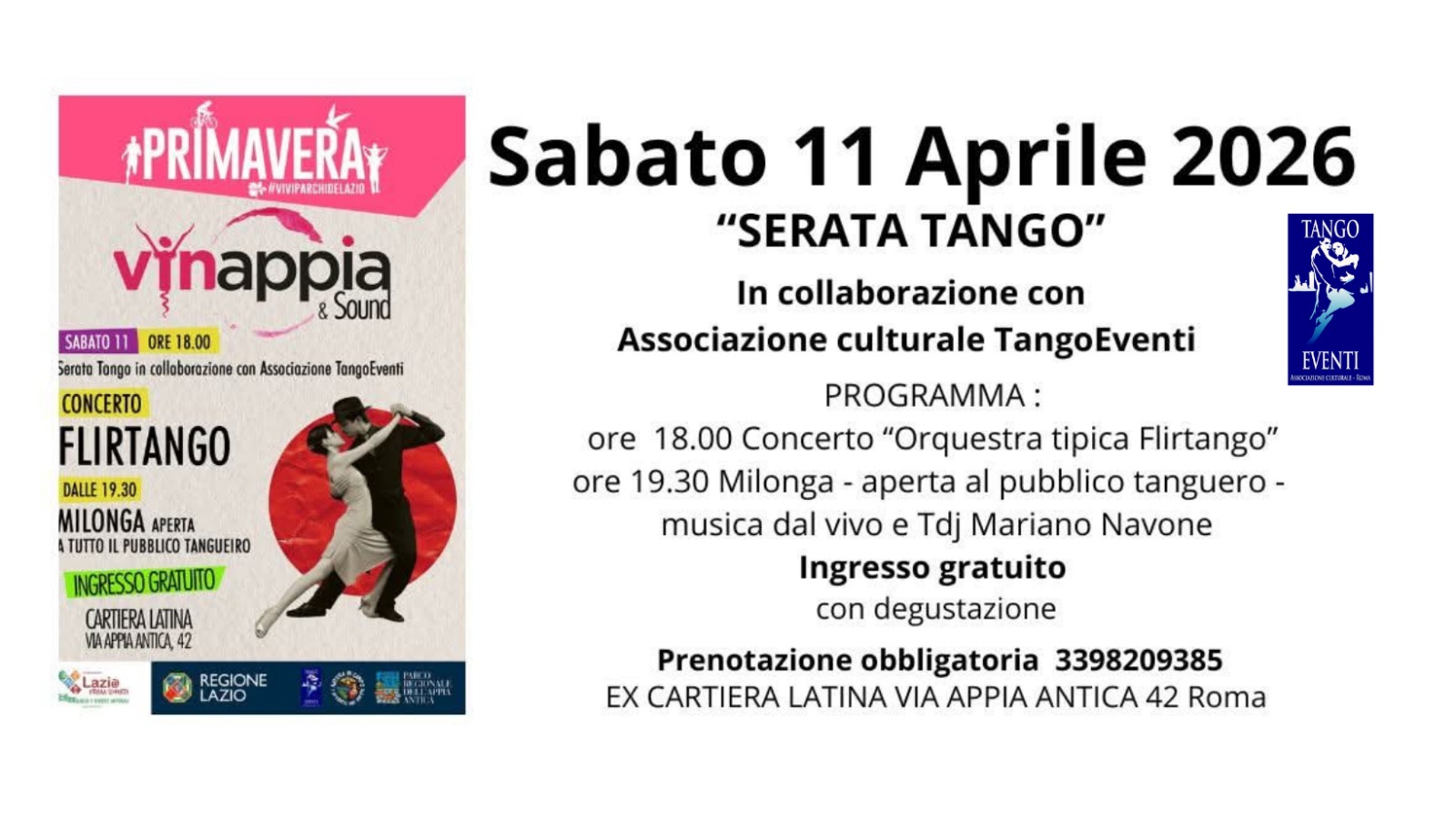 SERATA TANGO data unica " Sala Nagasawa Ex Cartiera Latina Roma "Ingresso gratuito