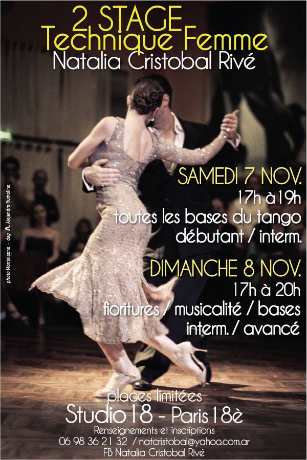 Stages Technique femme, 2 niveaux sur 2 jours, samedi 7 et dimanche 8 novembre avec Natalia Cristobal Rive