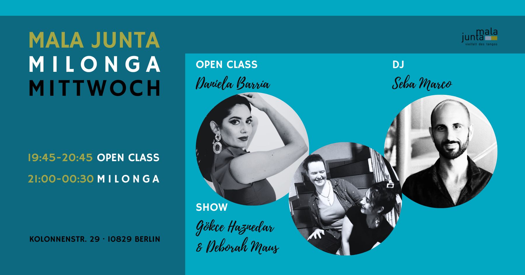 Mala Junta Milonga Mittwoch OPEN CLASS Daniela Barría DJ Seba Marco SHOW Gökce & Deborah