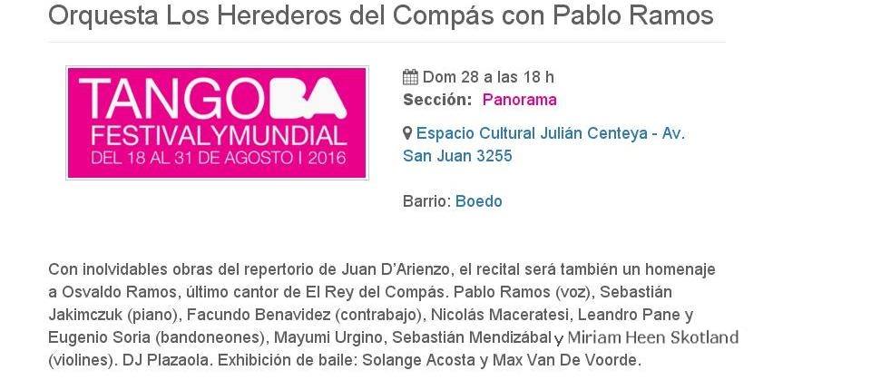 28 08 18 hs.MILONGA Con Los Herederos del Compás en Vivo- Centro Cultural Julian Centeya - Festivalymundial TANGO BA 2016