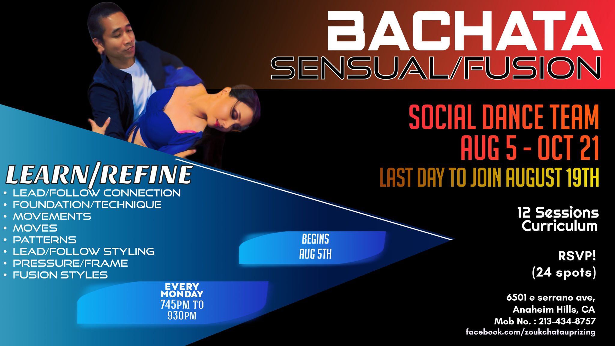 Sensual Bachata Social Dance Training TEAM Mondays 7:45-9:30PM (3 months)