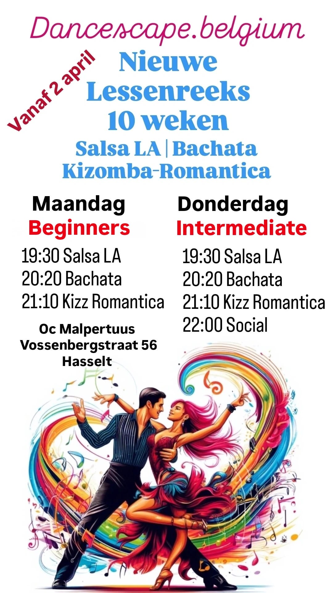 Nieuwe lessenreeks Salsa LA, Bachata, Kizomba Romantica vanaf maa 6 April (Free trial don 2 April)