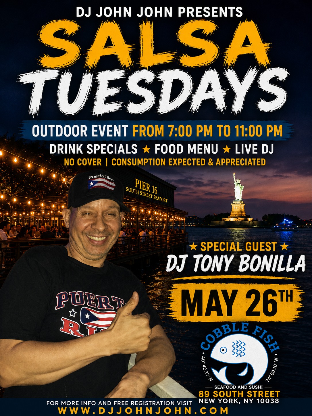 SALSA TUESDAYS at Cobble Fish Outdoor event Pier 16 South Street Seaport
