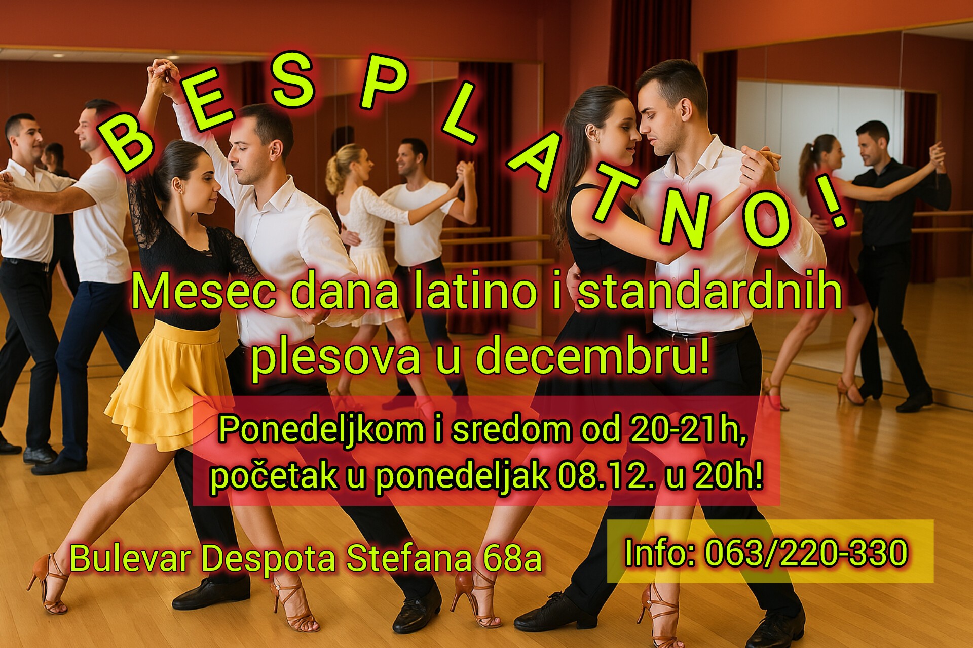 BESPLATNO mesec dana latino i standardnih plesova u decembru! Ponedeljak i sreda od 20-21h!💃🕺🥂👠