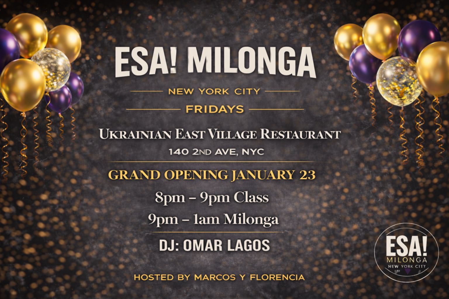 Grand Opening ** ESA! MILONGA NYC ** at the Ukrainian East Village Restaurant