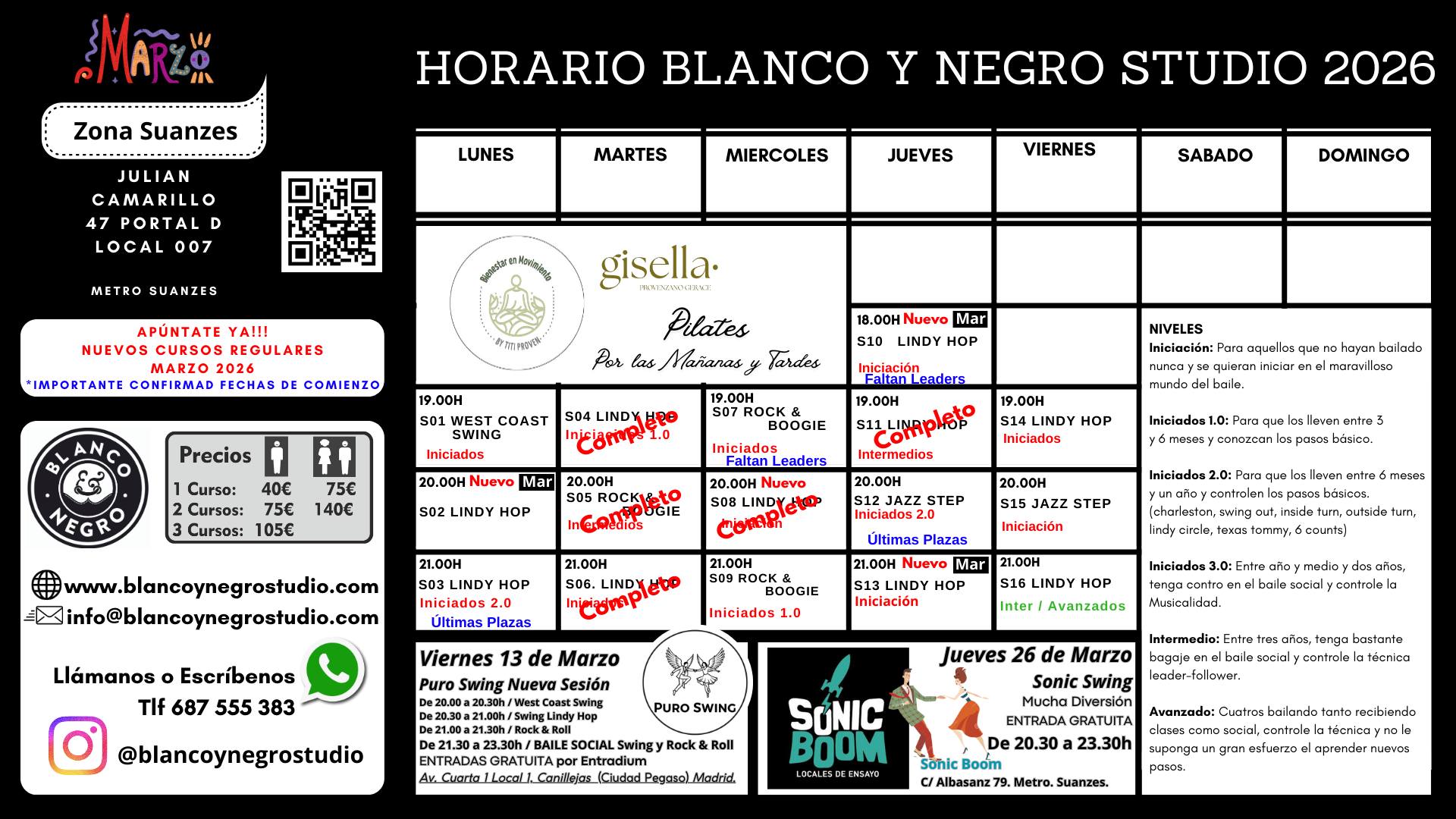 Inscripciones Clases Regulares Marzo 2026 en Blanco y Negro Studio.