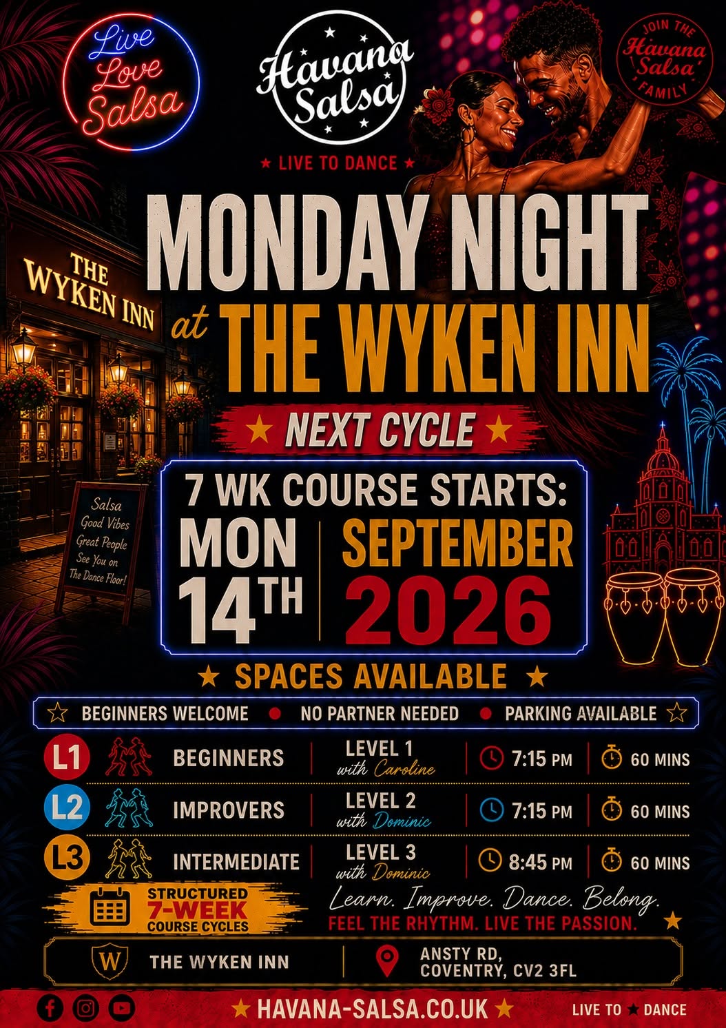 π₯ New 7-Week Cuban Salsa Course Coventry Mondays at The Wyken Inn π