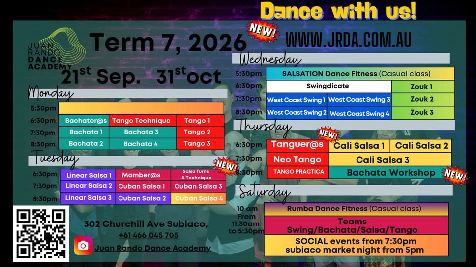 NEW TERM- DANCE CLASSES PERTH-JRDA SASA-BACHATA-TANGO-WCS-SOUK