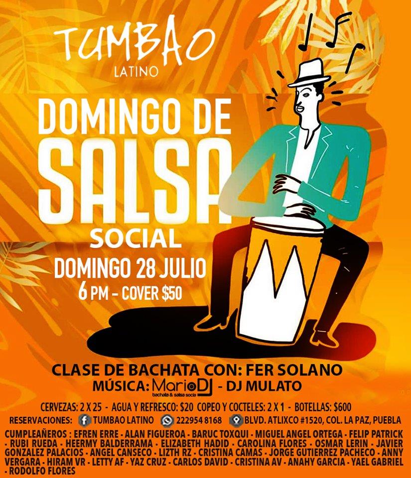 Domingo 28 Julio Salsa & Bachata Social 6 pm Tumbao Latino.