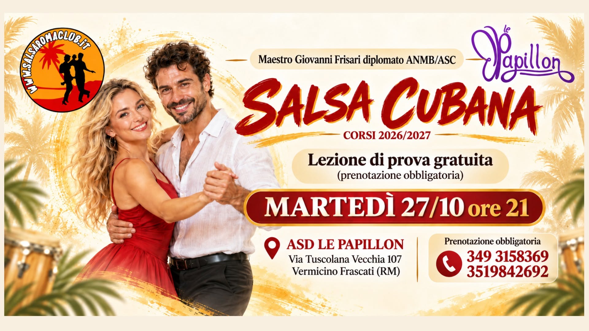 SALSA CUBANA A FRASCATI LEZIONE DI PROVA GRATUITA 27 10 2026 ORE 21