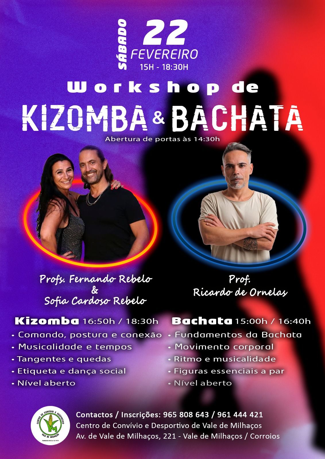 WORKSHOP de KIZOMBA & BACHATA by Fernando & Sofia e Ricardo de Ornelas - Sab. 22 Fev. no CCDVM