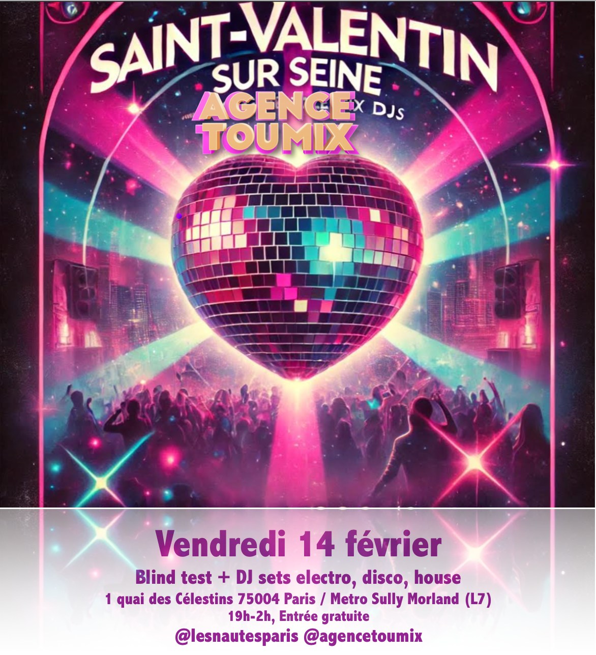 Saint-Valentin sur Seine avec Agencetoumix DJs • Les Nautes (blindtest+dj sets house disco, gratuit)