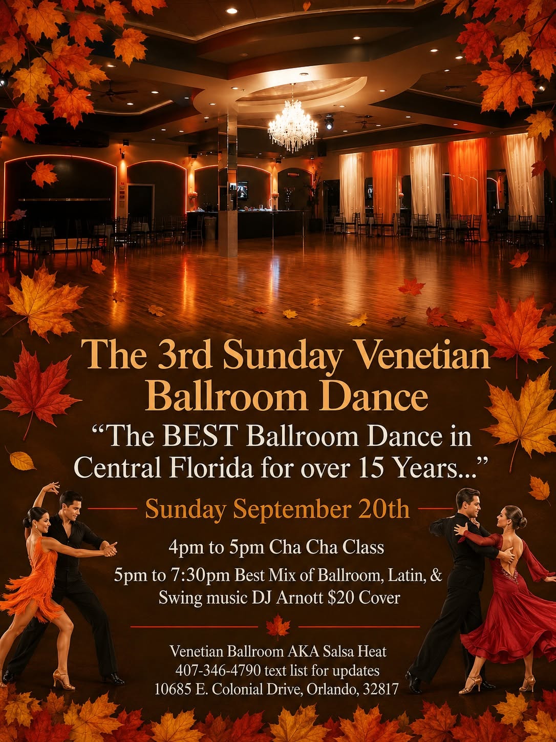3rd SUNDAY Venetian Ballroom Dance $20 Cover with Cha Cha Group Class