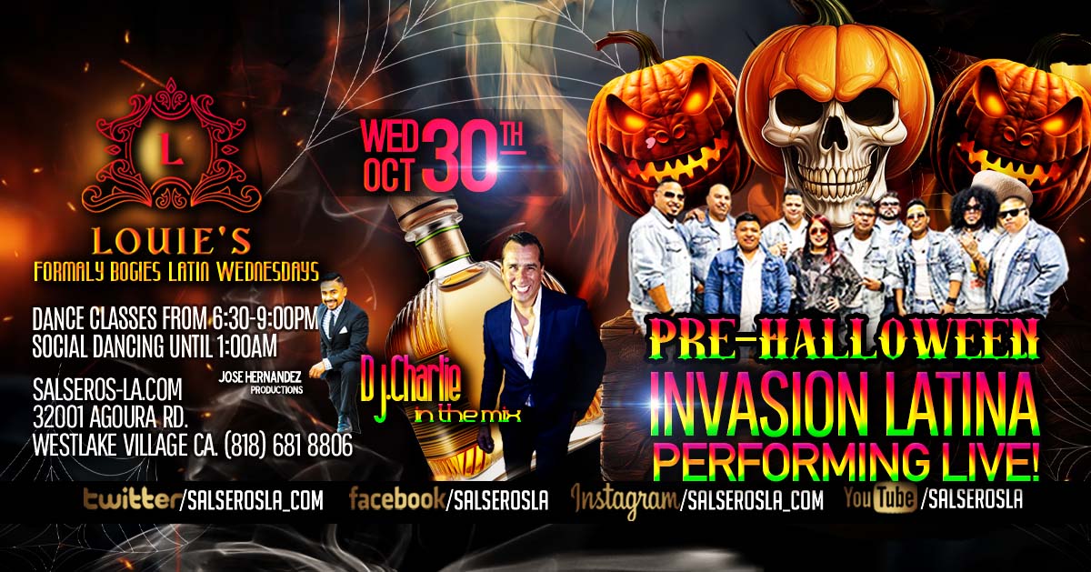 Pre-Halloween with live music by Invasion Latina at Club Louie's, dance classes and dancing