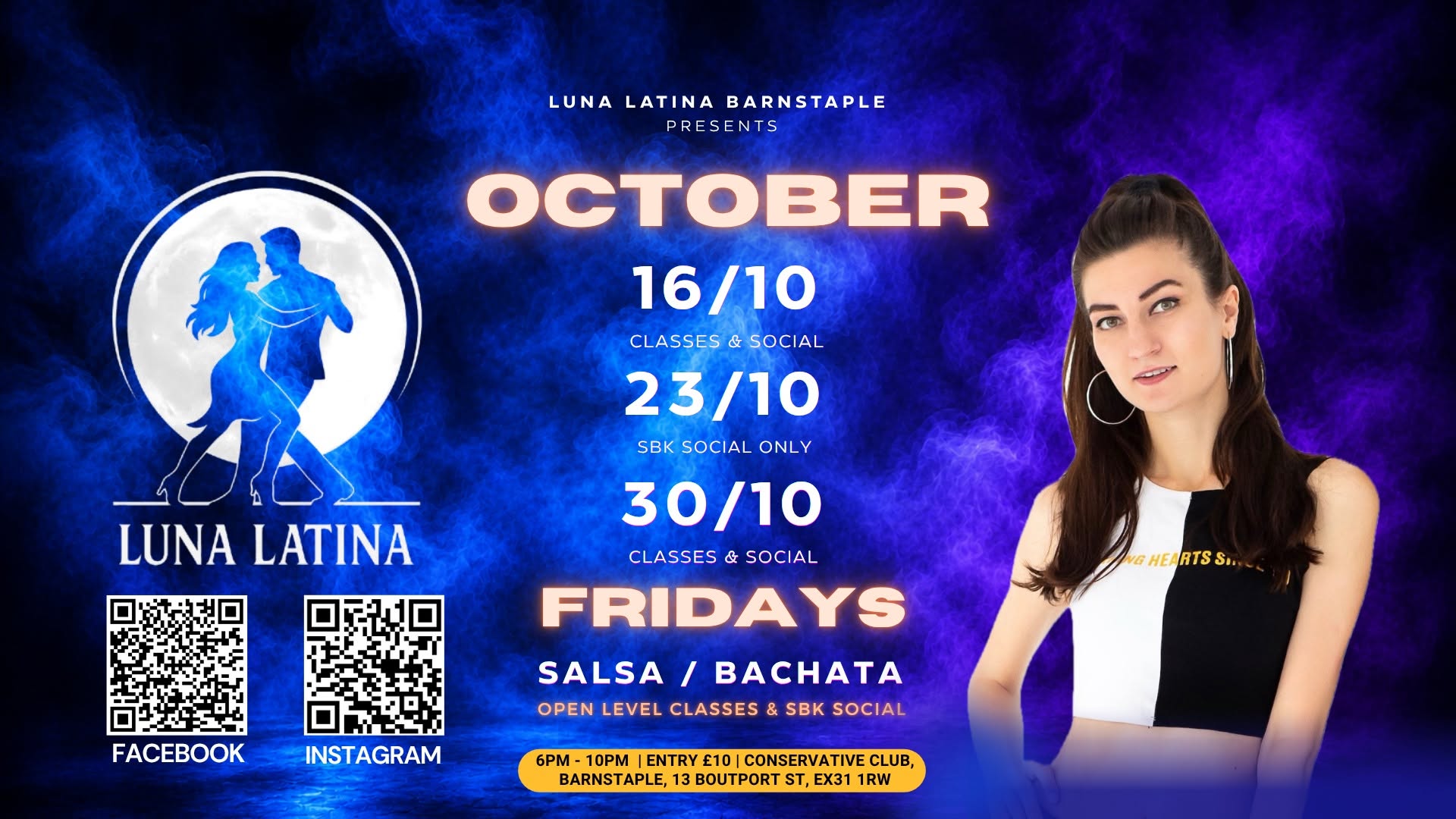 Salsa Bachata Classes & Social. Luna Latina Barnstaple. October Fridays