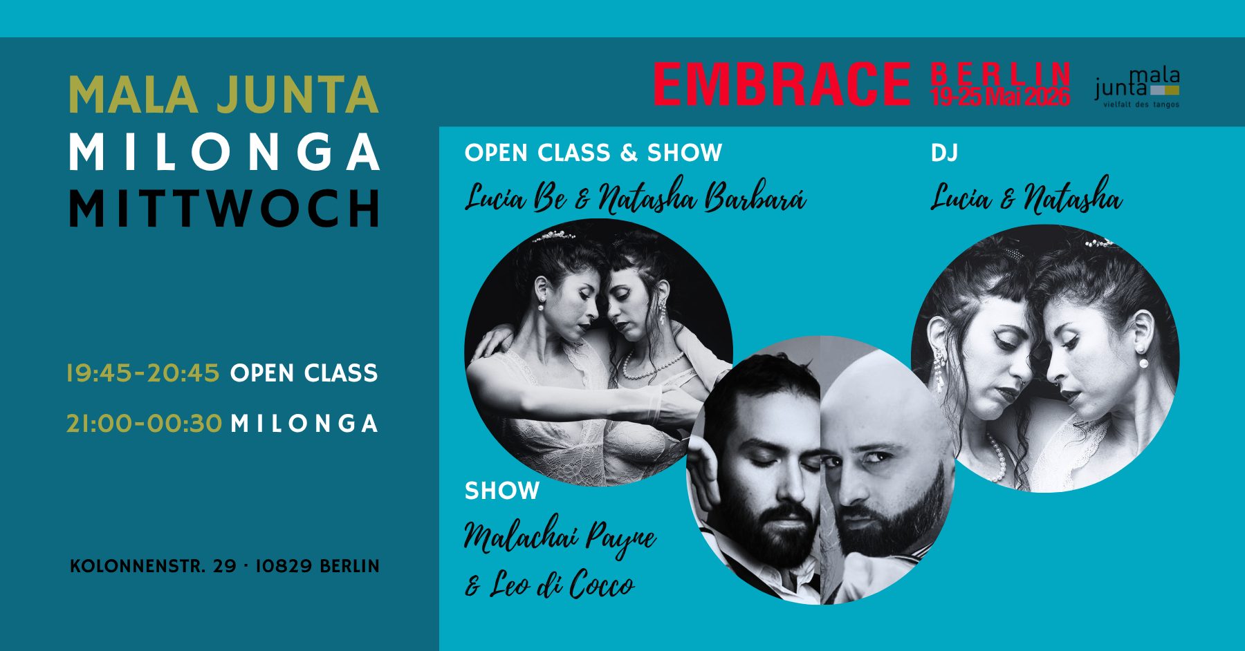 MJ Milonga Mittwoch OPEN CLASS & SHOW & DJ Lucia Be und Natasha Barbará SHOW Malachai & Leo