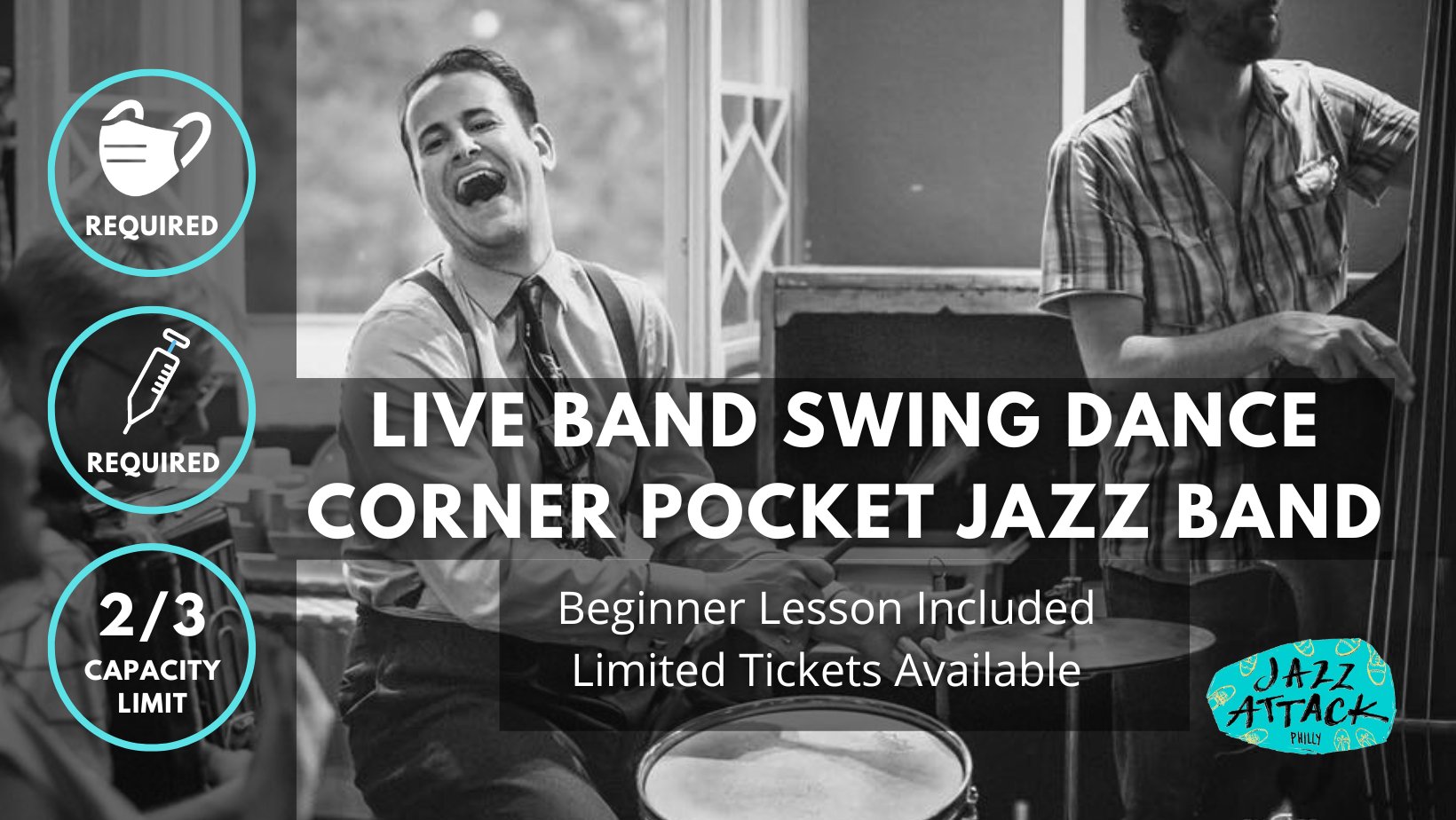Walk-ins Welcome! LIVE BAND Jazz Attack ft. Corner Pocket Jazz Band Beginner Lesson + Swing Dance