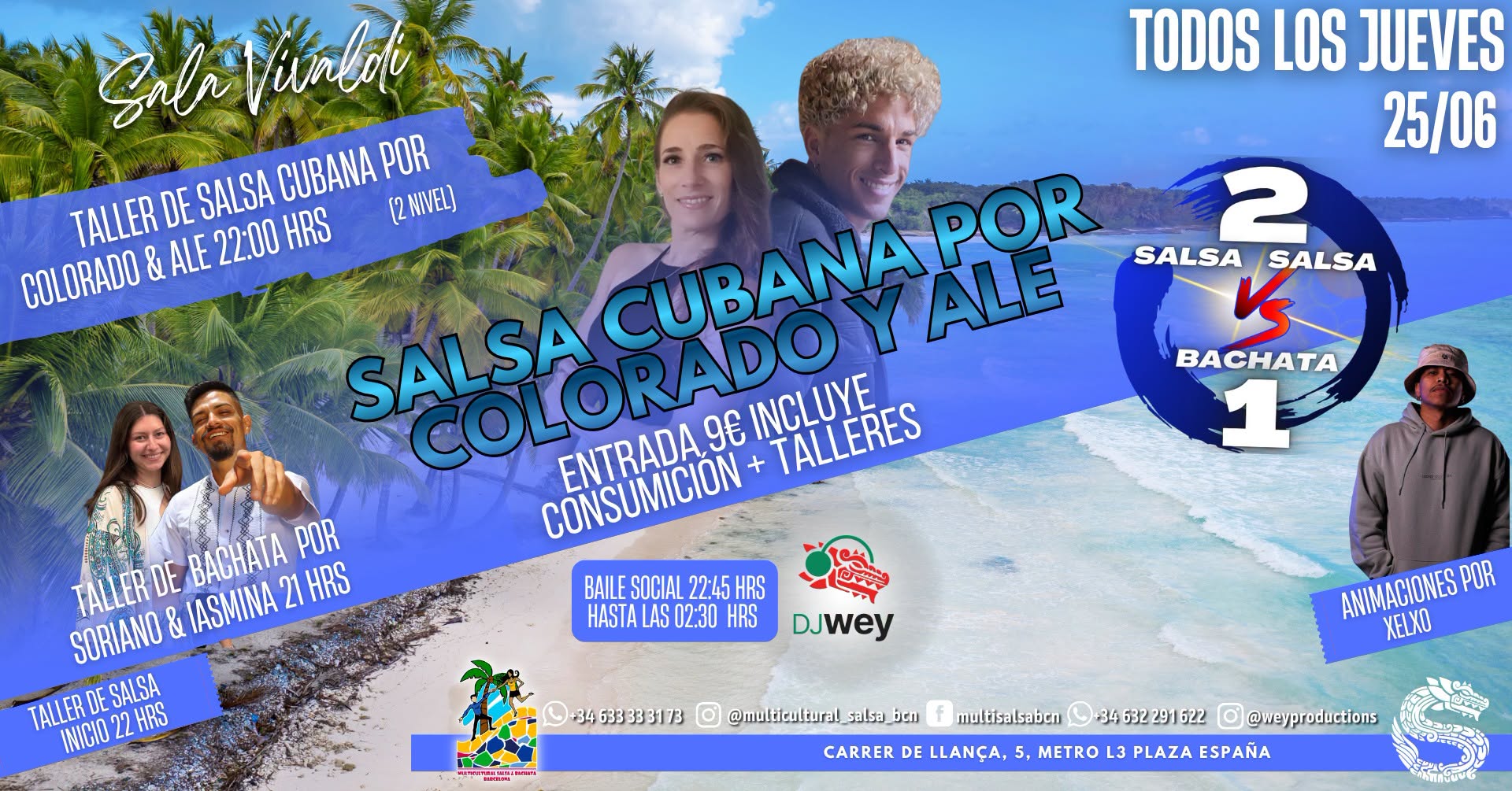 SALA VIVALDI, SALSA VS BACHATA (2VS1), TALLERES DE SALSA CUBANA Y BACHATA+SOCIAL