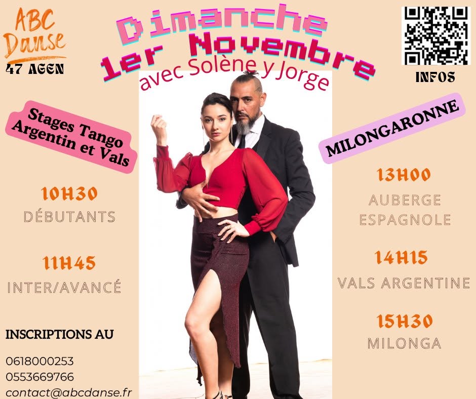 Stages Tango Argentin et Vals avec Solène y Jorge + Milongaronne