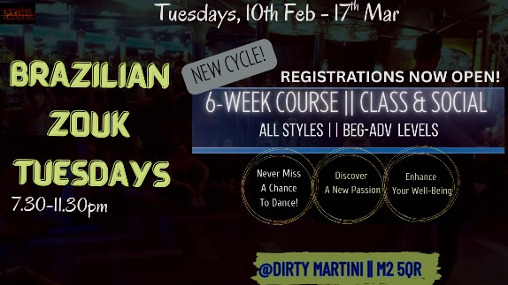 1st of 2026!! 'BRAZILIAN ZOUK TUESDAYS' 6-Week COURSE (Tues 10th Feb-17th Mar) CLASS & SOCIALS