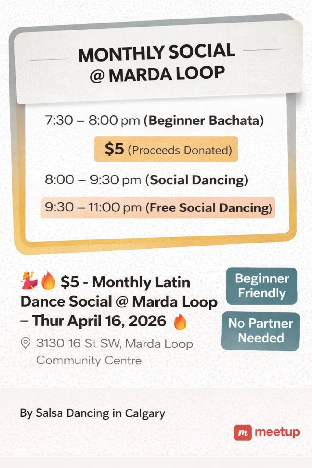 ๐๐ฅ $5 - Monthly Thursdays Latin Dance Social @ Marda Loop Thur April 16, 2026