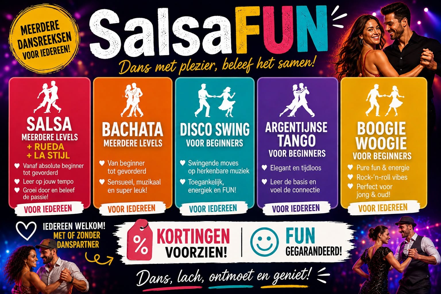 Gratis proeflessen: Salsa, Bachata, Boogie Woogie, Argentijnse Tango in Geel Ten Aard