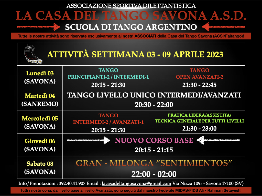 Attività settimana 03-09 Aprile 2023 alla CASA DEL TANGO SAVONA ASD!