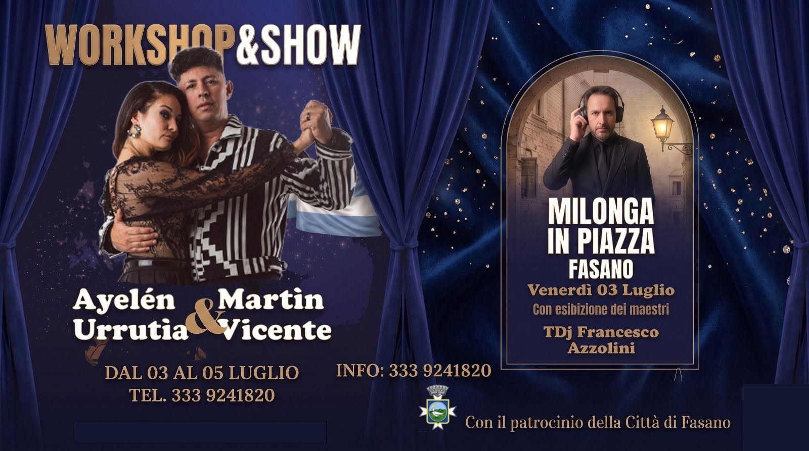 Workshop e Milonga in Piazza a Fasano con Show dei Maestri Martรญn Vicente e Ayelรฉn Urrutia