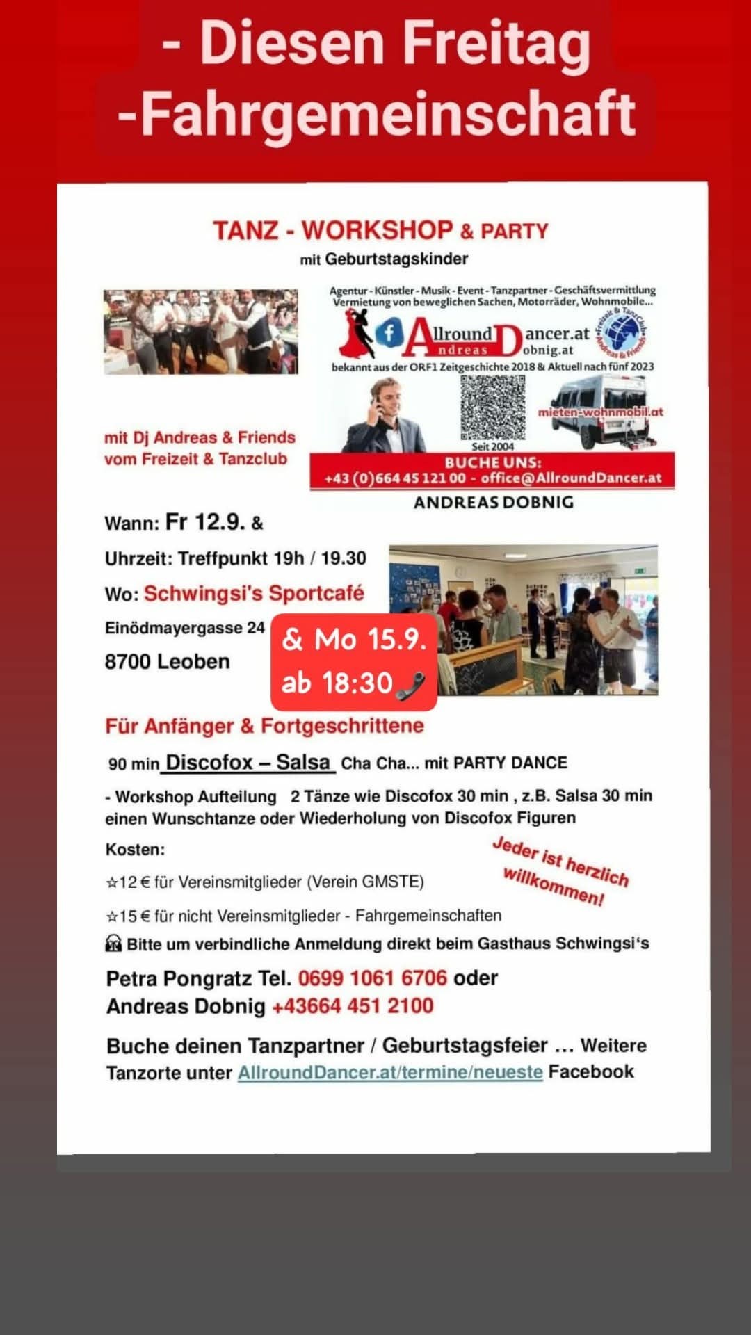 Discofox Salsa Workshop mit Party danach Tanzabend in Leoben