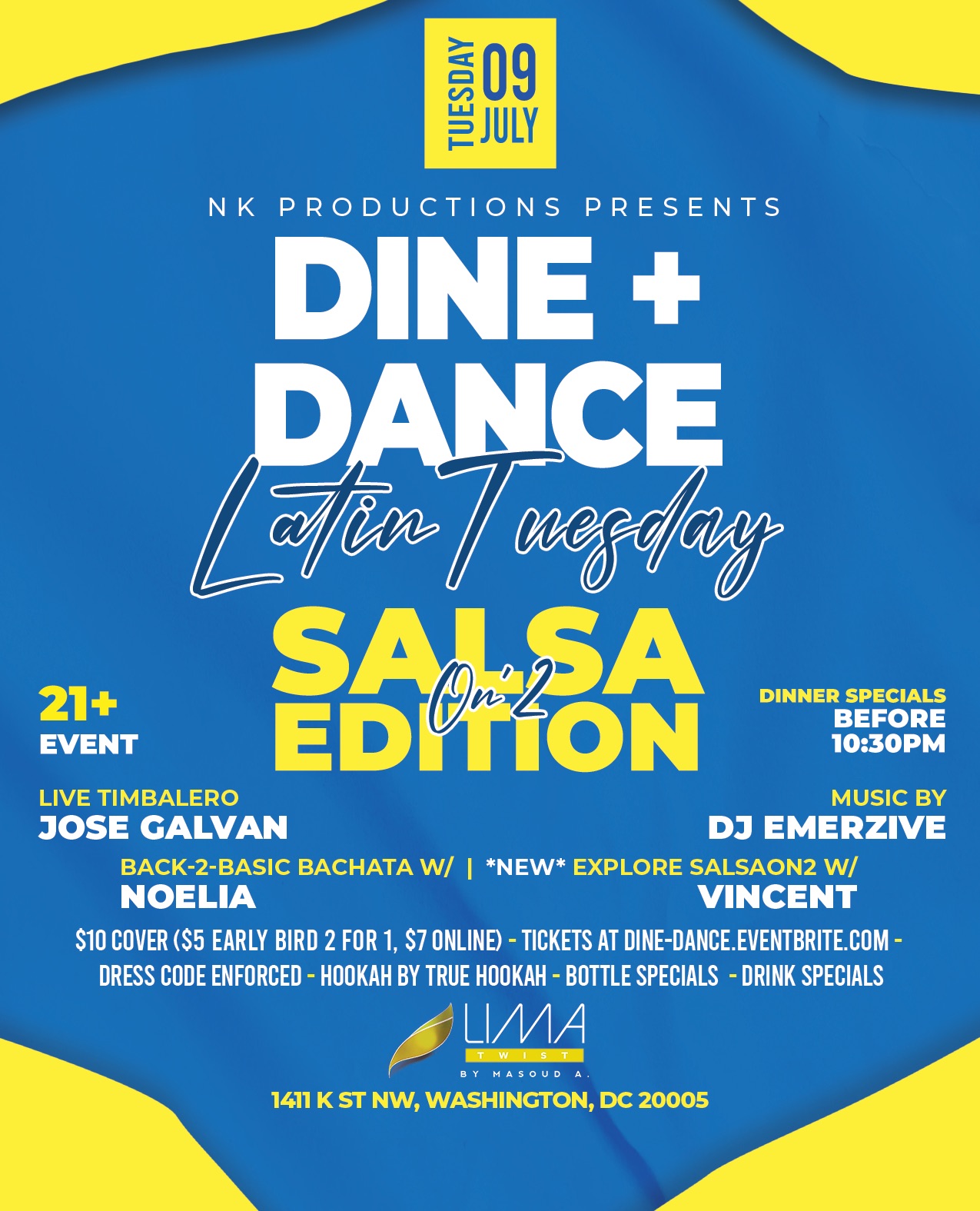 DINE + DANCE Latin Tuesday 'SALSA Edition' at LIMA Twist. Bachata Class by NOELIA