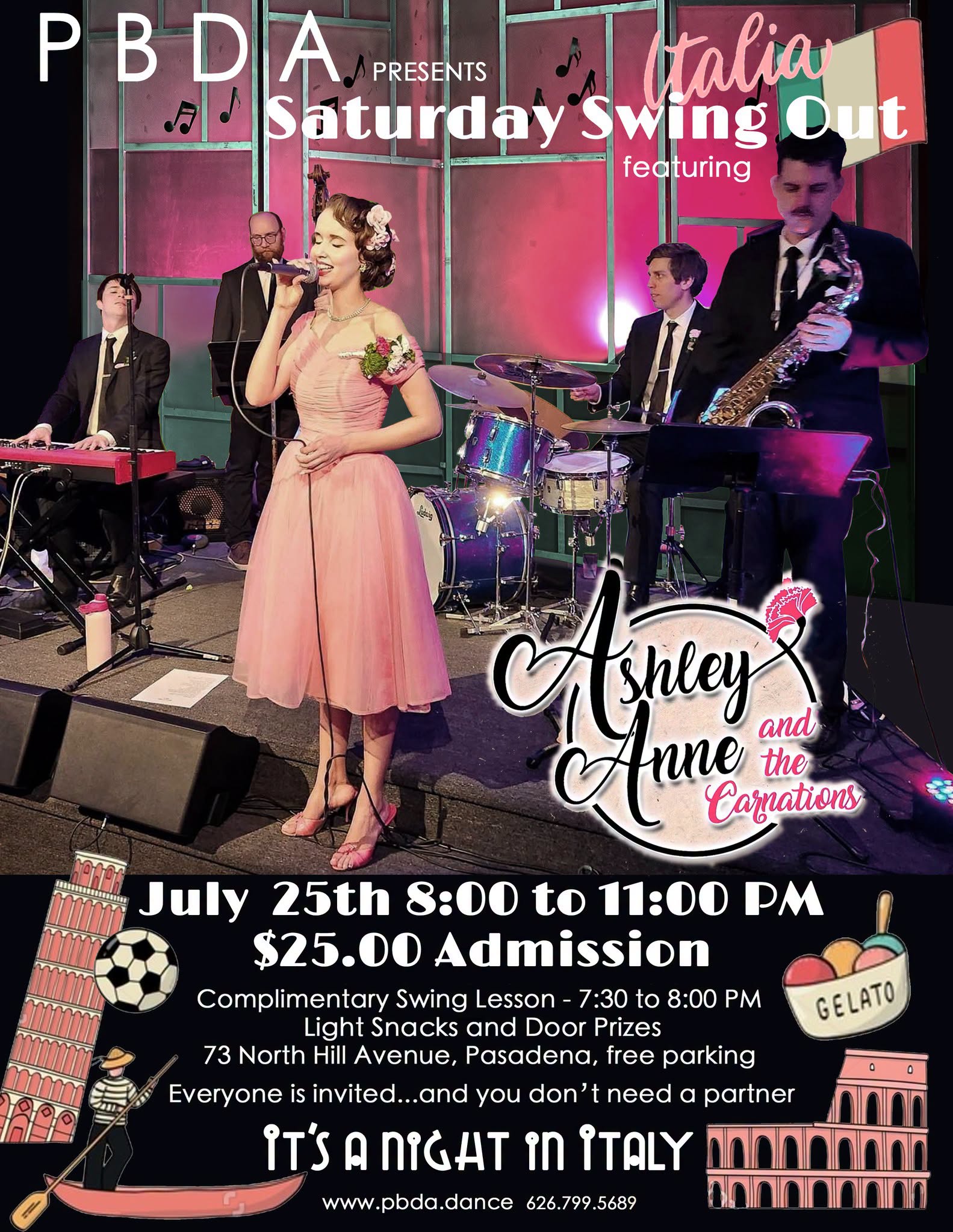 ASHLEY ANNE & THE CARNATIONS- "A Night in Italy" Theme- THIS SATURDAY NIGHT, JULY 25th, at PBDA!