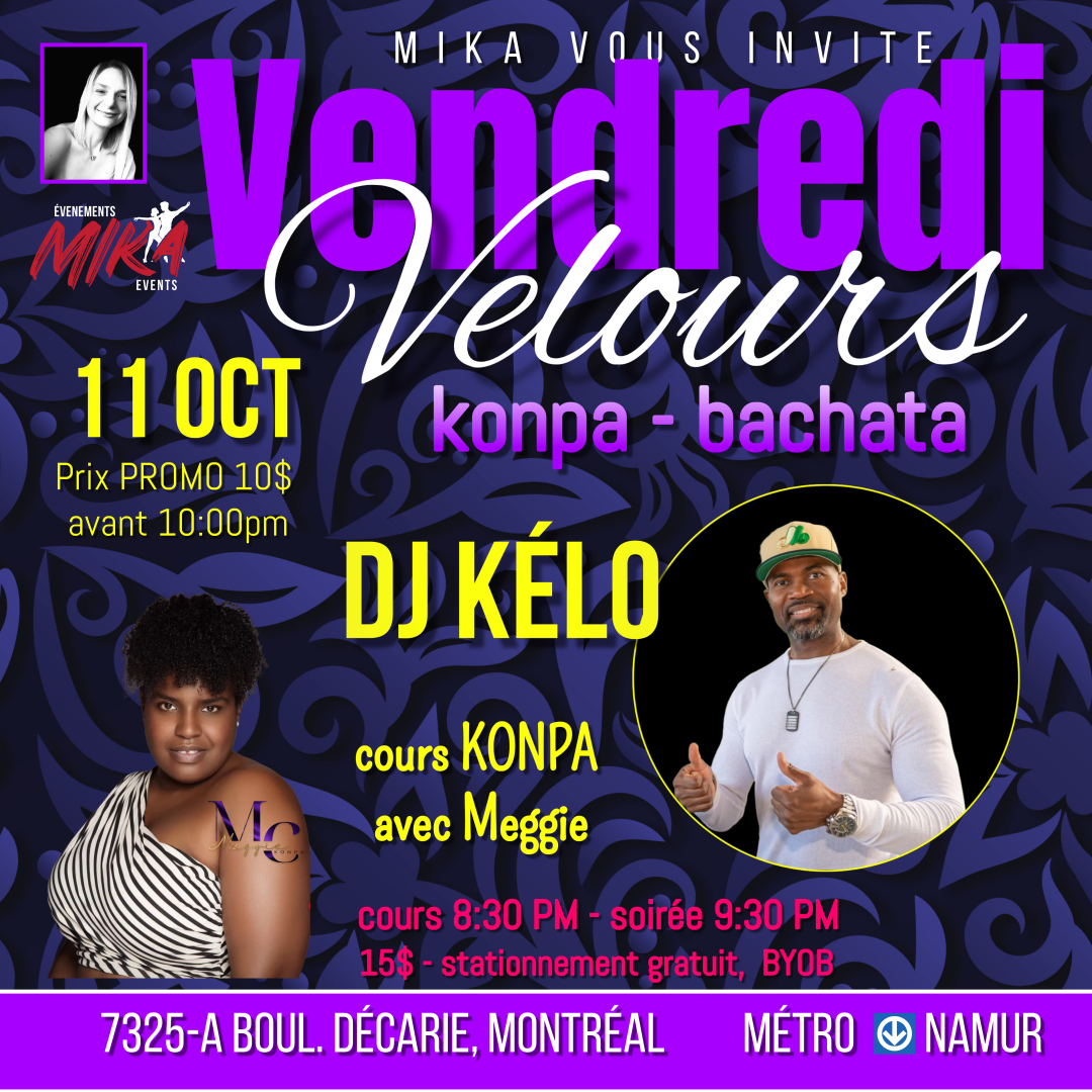 VENDREDI Velours, 11 oct KONPA-BACHATA 💜 cours konpa 8:30 pm