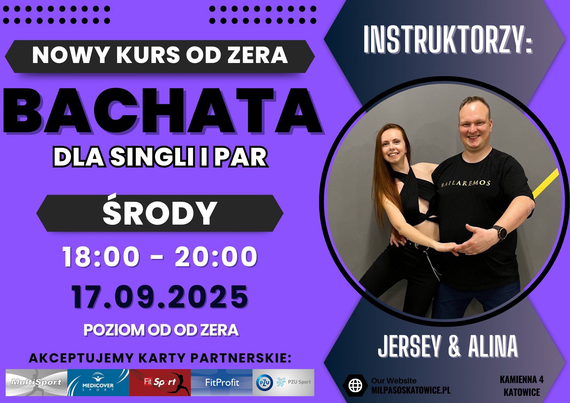 Kurs tańca dla SINGLI i PAR - BACHATA - kurs od zera! ŚRODY 18:00-20:00 od 17.09.25!