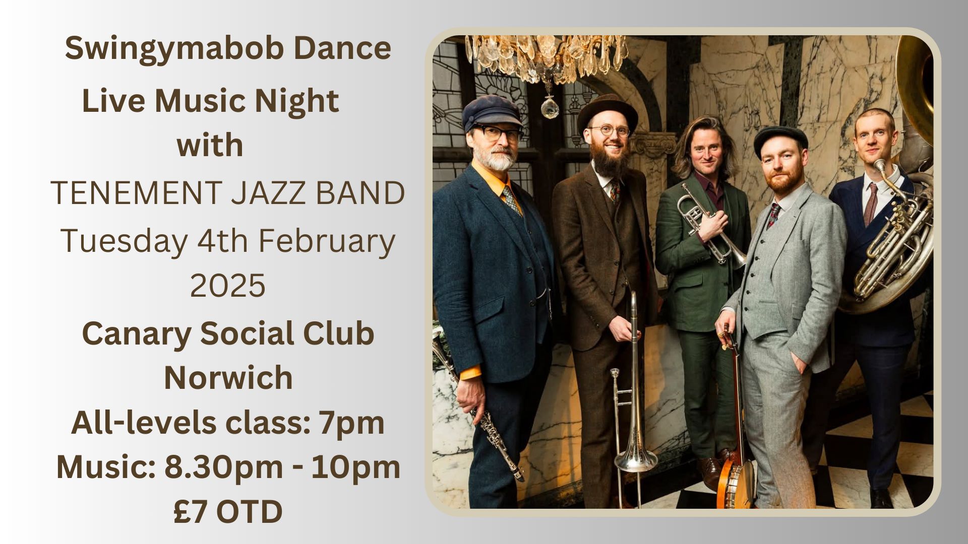 Swingymabob Live Music Night: Tenement Jazz Band!