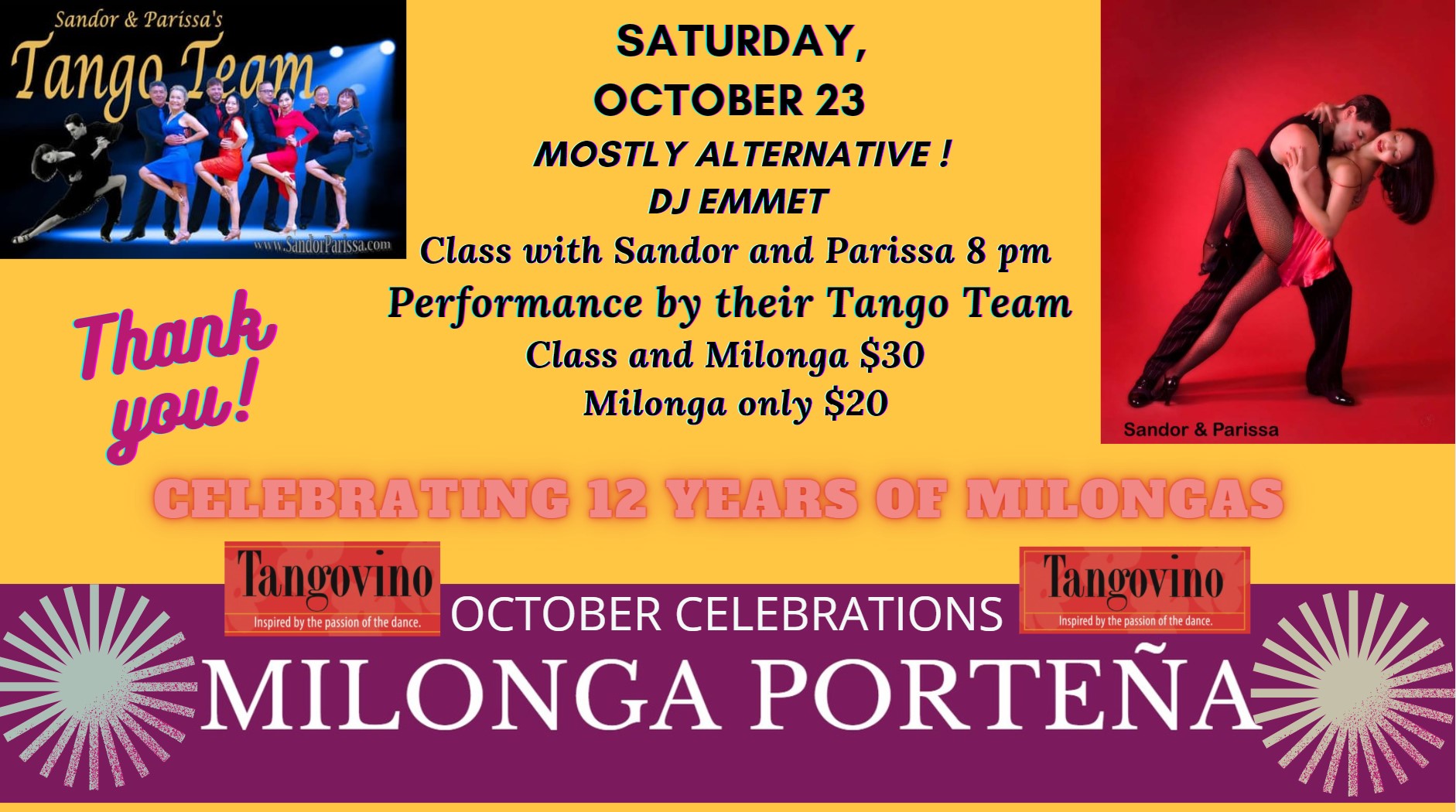 Milonga Porteña, Mostly Alternative! Class with Sandor & Parissa, DJ EMMET + Tango Team Perfo