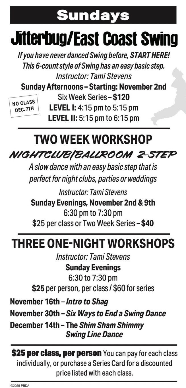 SUNDAYS are FUN-DAYS at PBDA! New Series Starts THIS SUNDAY, NOV. 2nd! --Lots of Dancing Coming!