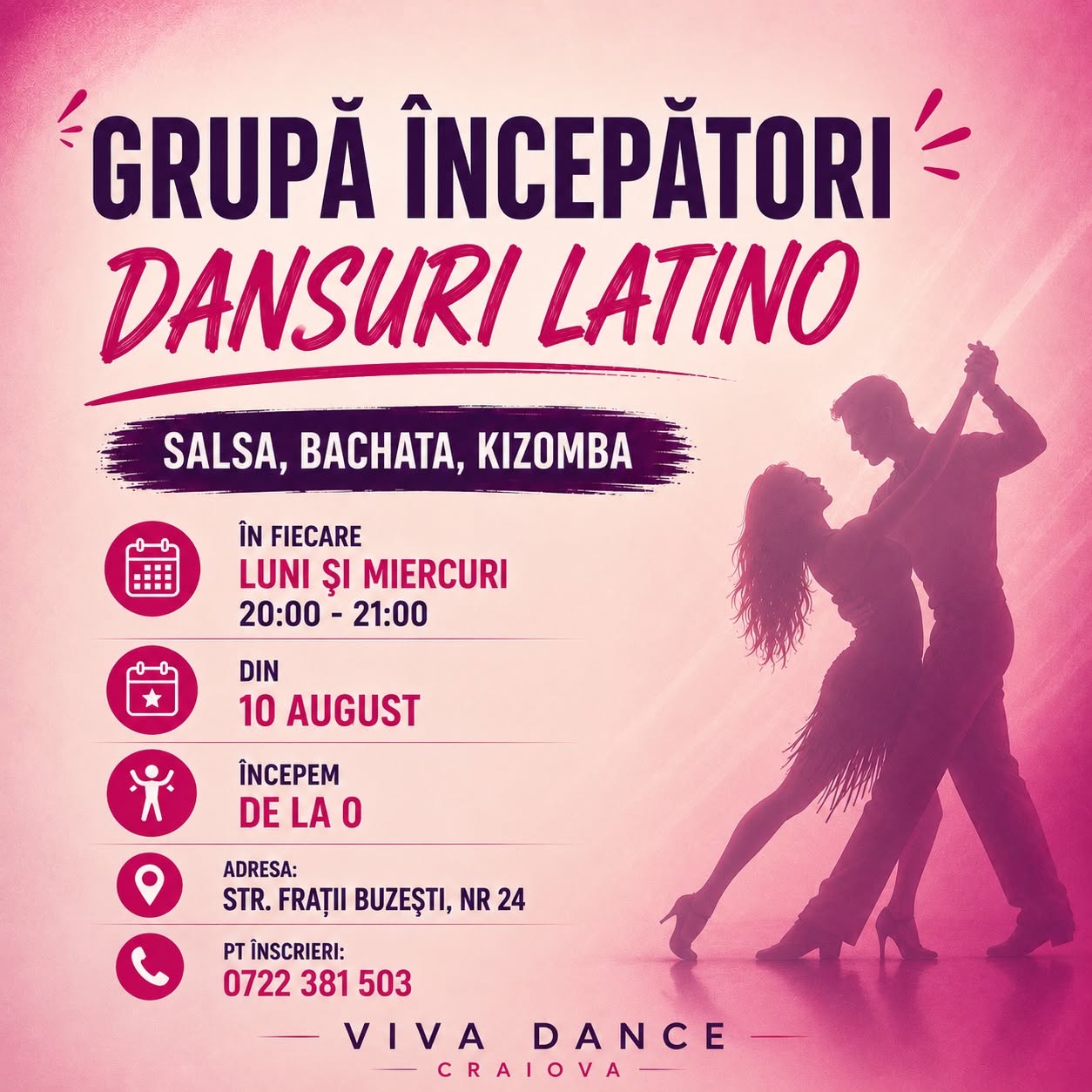 GRUPĂ ÎNCEPĂTORI DANSURI LATINO DIN 10 AUGUST, ⏰ 20:00-21:00 VIVA DANCE CRAIOVA