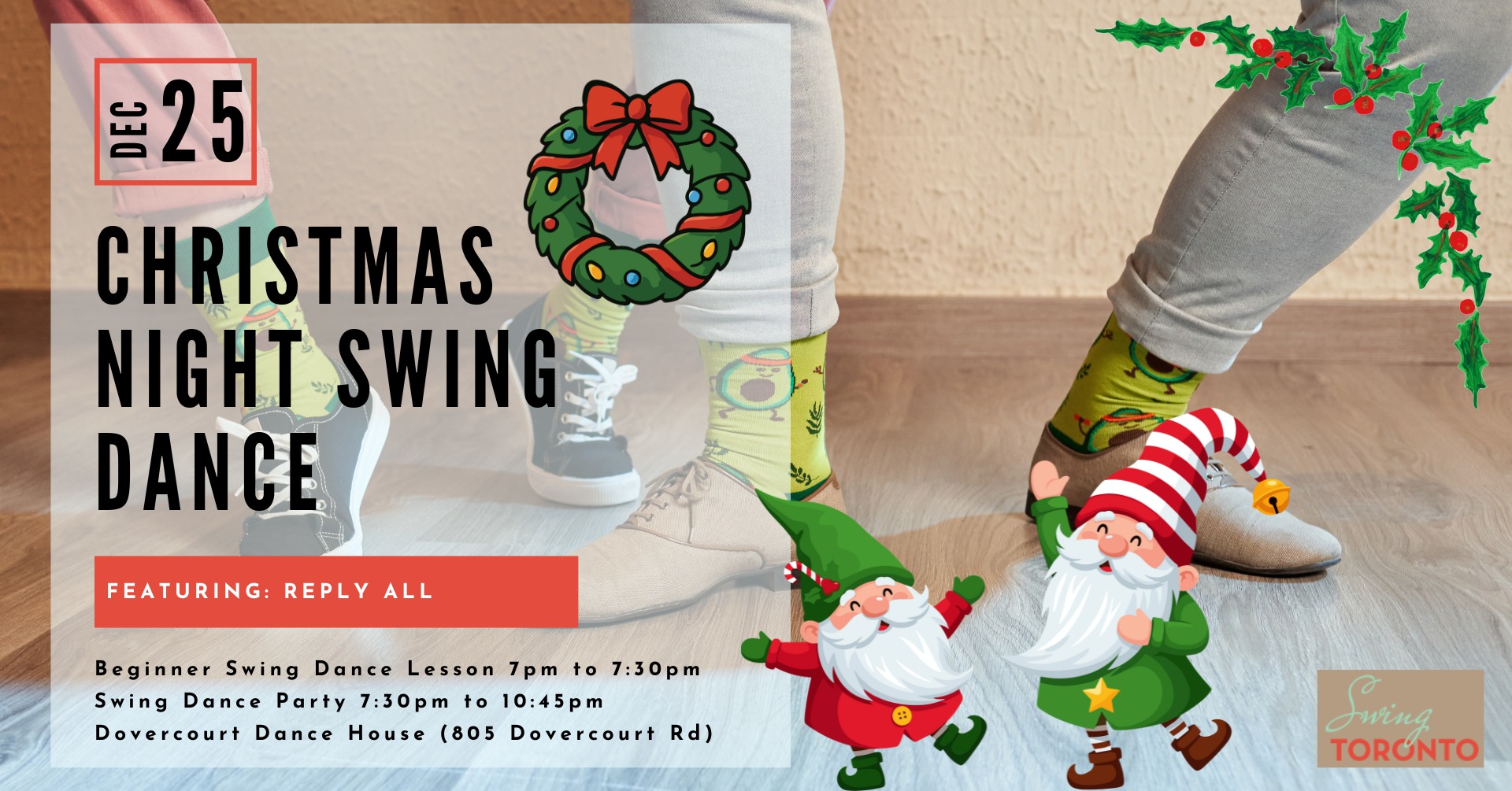 Christmas Night Swing Dance Social features the Reply All Swing Band! Beginner Lesson & Dance