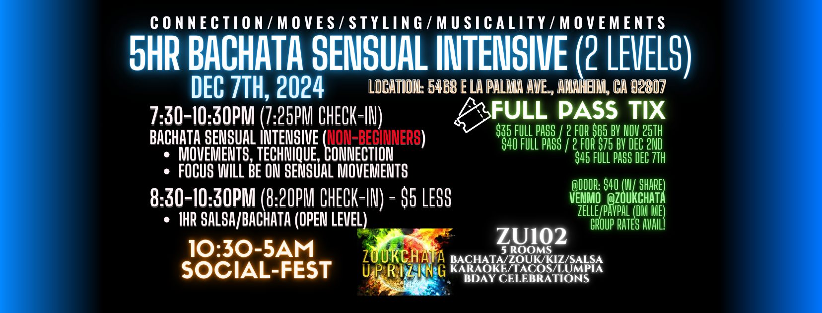 5HR SENSUAL BACHATA INTENSIVE (2 Levels)! Techniques Movement Connection Patterns!!
