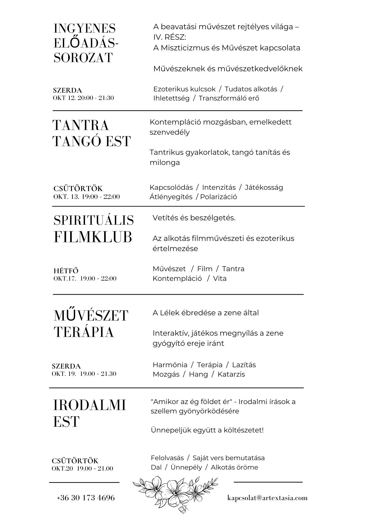 ArtExtasia Októberi eseménynaptár 12-30.