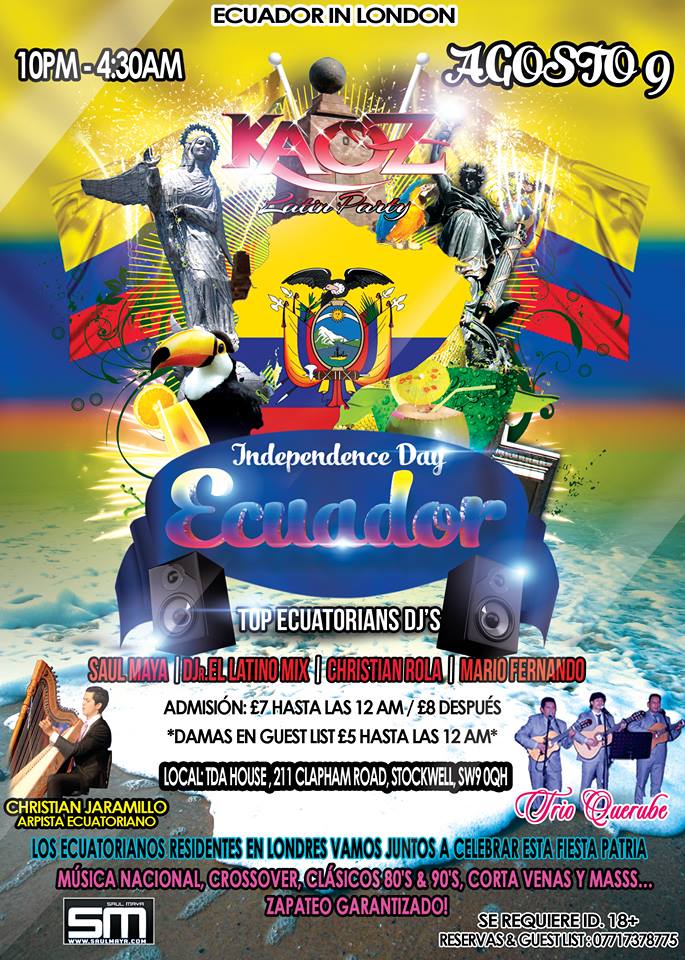 ECUADOR "FIESTA DE INDEPENDENCIA" - SAB 9 AGOSTO @TDA HOUSE (Stockwell)