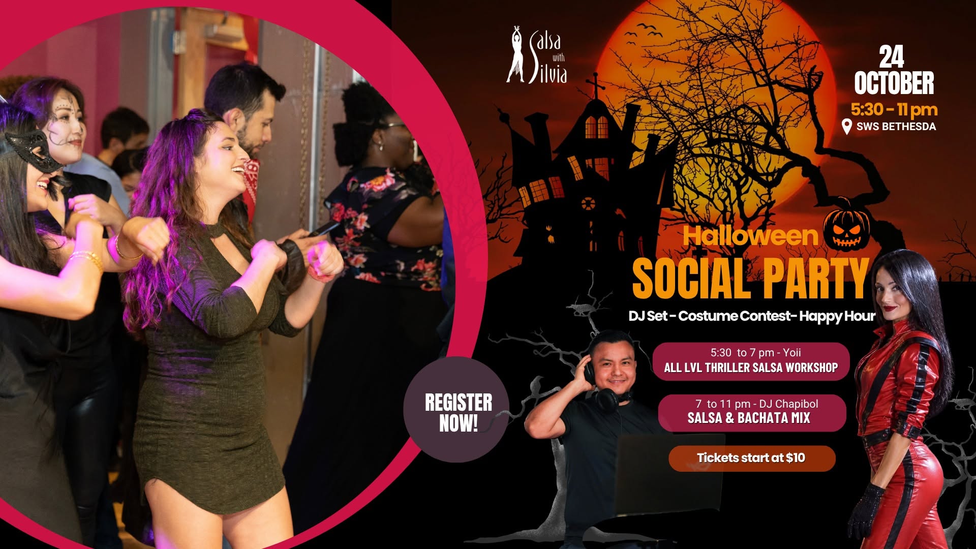 Halloween Social Party + All level Thriller Salsa Workshop in Bethesda, MD 🎃
